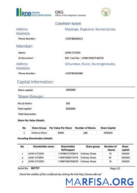 Printable Rwanda certificate of registration Word and PDF template